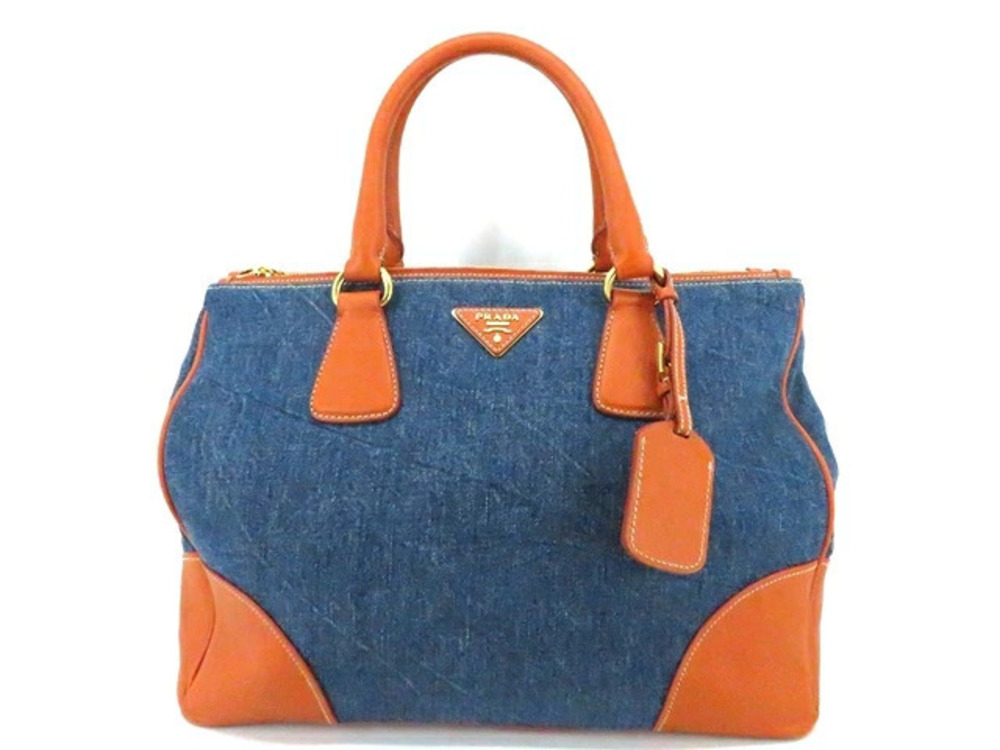 Prada Tote Bag Denim Saffiano Leather Blue Orange